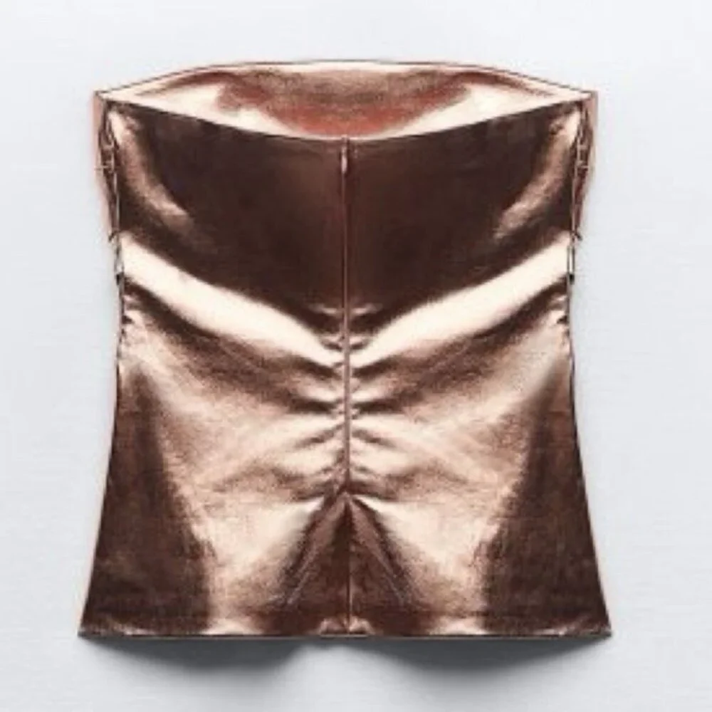 Zara Women's Bronze Metallic Off-Shoulder Strapless Top Size S - Small - NWT - Picture 4 of 16